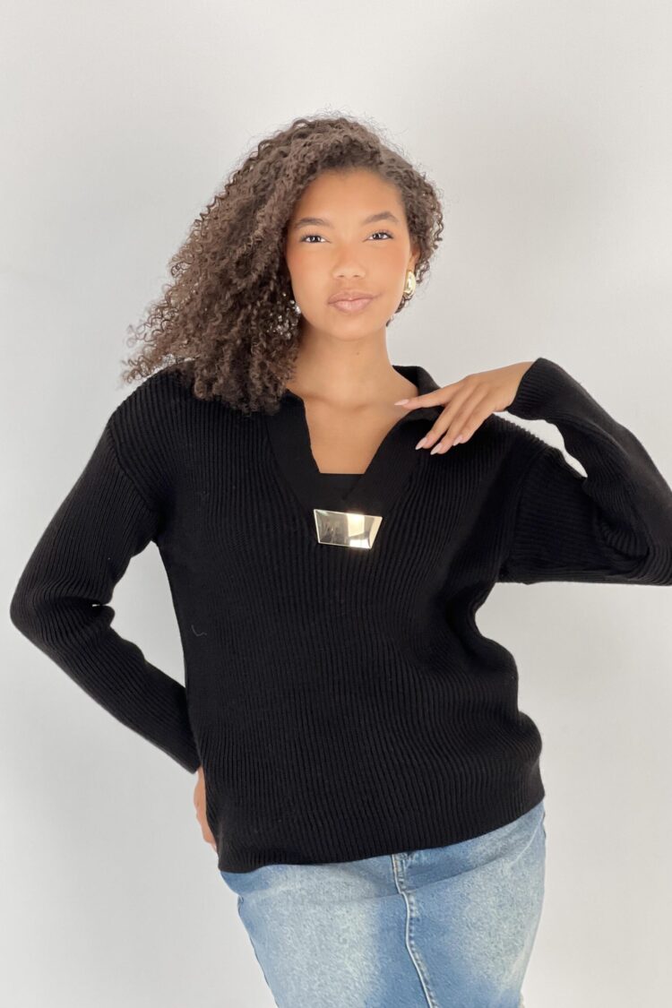 Black V-Neck Oversized Fit Sweater - Brand: MISS POEM - Women & Kids, Baby Clothes Wholesale - Globality Store