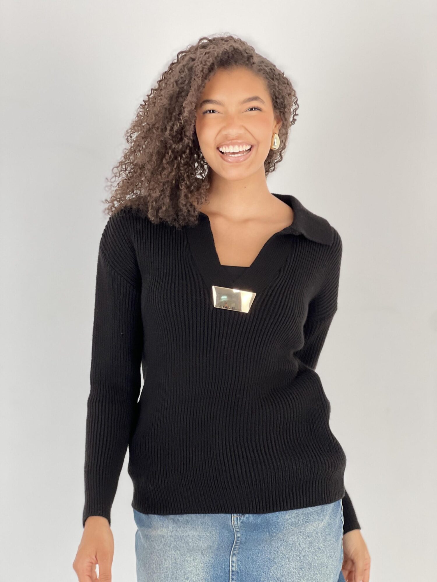 Black V-Neck Oversized Fit Sweater - Brand: MISS POEM - Women & Kids, Baby Clothes Wholesale - Globality Store