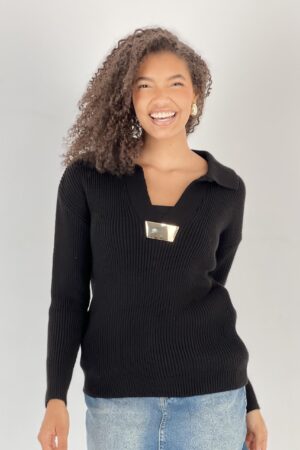 Black V-Neck Oversized Fit Sweater - Brand: MISS POEM - Women & Kids, Baby Clothes Wholesale - Globality Store