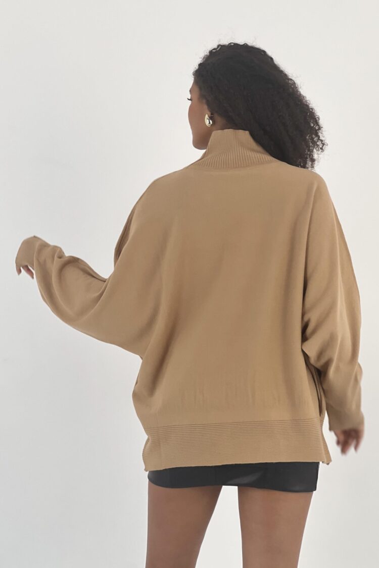 Khaki Sweater Oversized Turtle Neck Long Sleeve