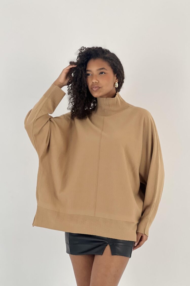 Khaki Sweater Oversized Turtle Neck Long Sleeve