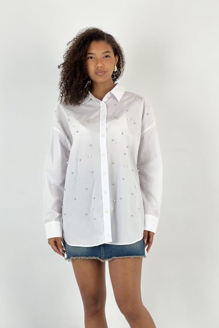 White Elegant Oversized Fit Shirt With Sequins - Brand: MISS POEM - Women & Kids, Baby Clothes Wholesale - Globality Store