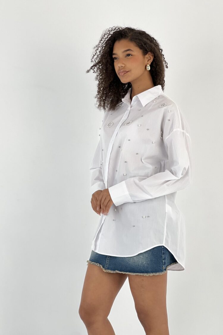 White Elegant Oversized Fit Shirt With Sequins