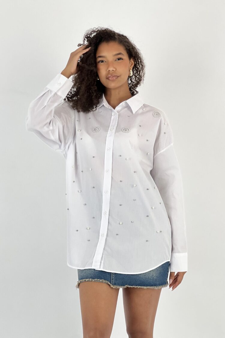White Elegant Oversized Fit Shirt With Sequins