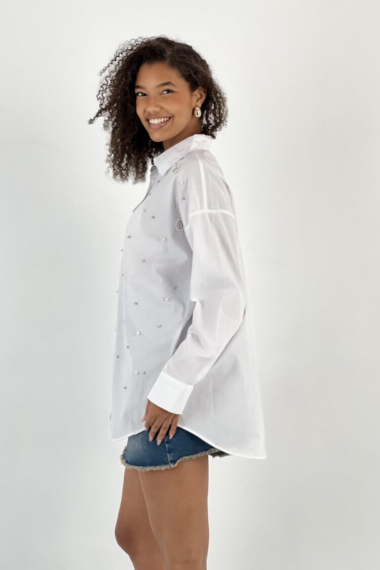 White Elegant Oversized Fit Shirt With Sequins