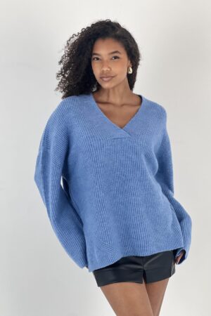 Blue Sweater Oversized V-Neck For Casual Wear - Brand: MISS POEM - Women & Kids, Baby Clothes Wholesale - Globality Store