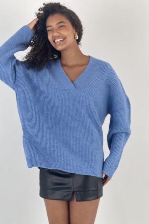Blue Sweater Oversized V-Neck For Casual Wear - Brand: MISS POEM - Women & Kids, Baby Clothes Wholesale - Globality Store