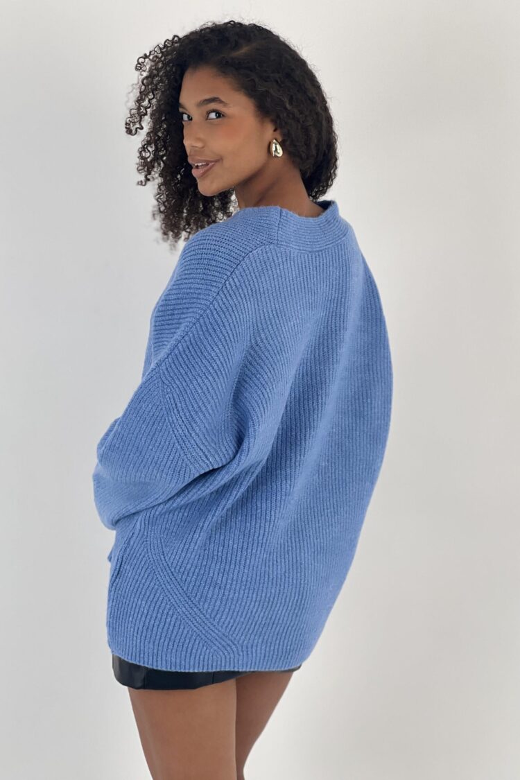 Blue Sweater Oversized V-Neck For Casual Wear