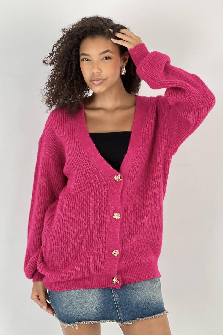 Fuchsia Casual Oversized Cardigan With V-Neck