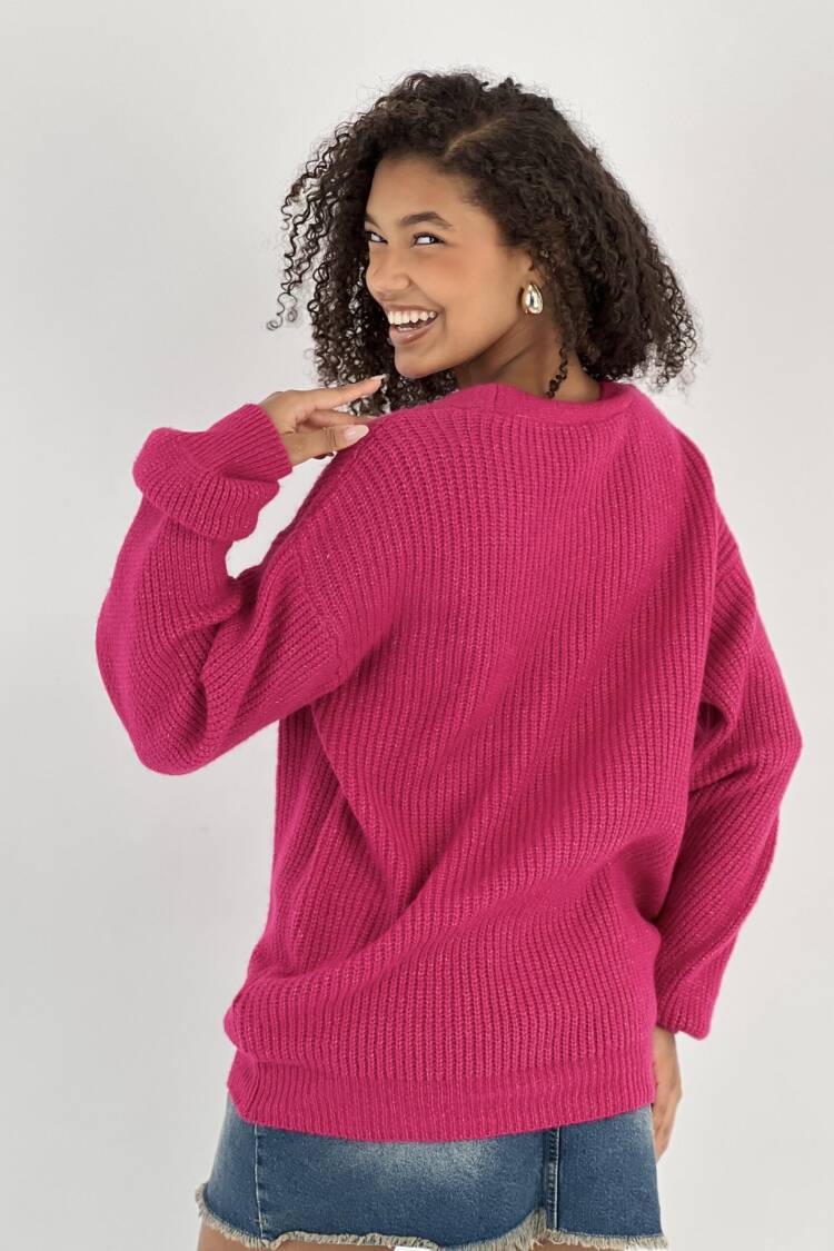 Fuchsia Casual Oversized Cardigan With V-Neck