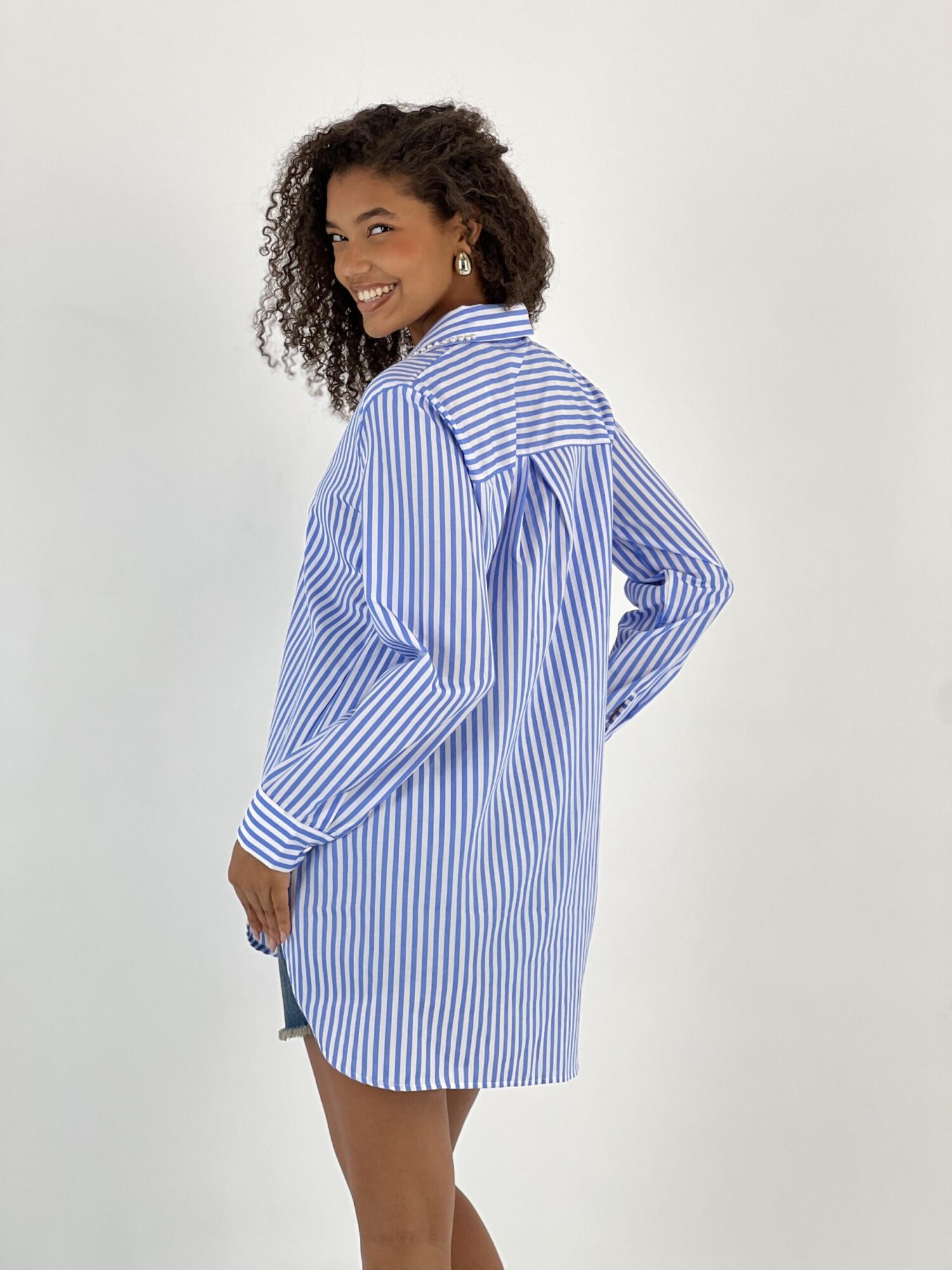 Blue Oversized Fit Striped Polo Neck Shirt - Brand: MISS POEM - Women & Kids, Baby Clothes Wholesale - Globality Store