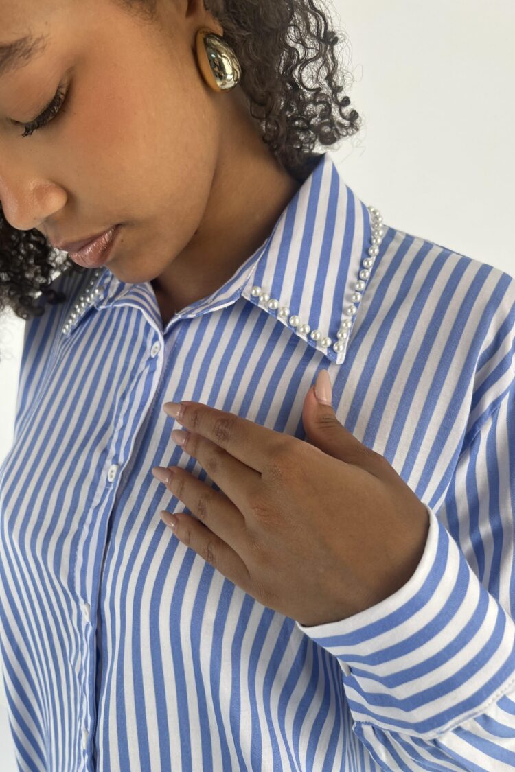 Blue Oversized Fit Striped Polo Neck Shirt