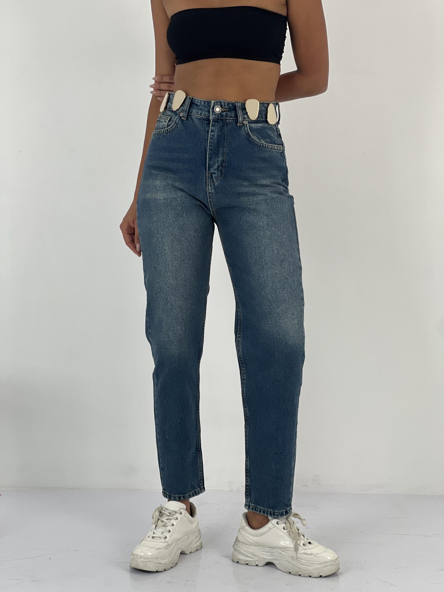 Blue Mom Jeans With High Waist And Buttoned Closure - Brand: MISS POEM - Women & Kids, Baby Clothes Wholesale - Globality Store