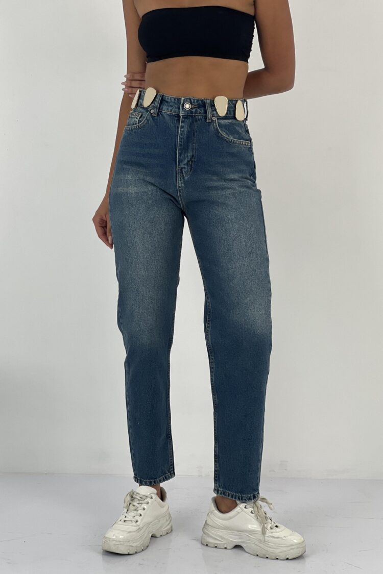 Blue Mom Jeans With High Waist And Buttoned Closure - Brand: MISS POEM - Women & Kids, Baby Clothes Wholesale - Globality Store
