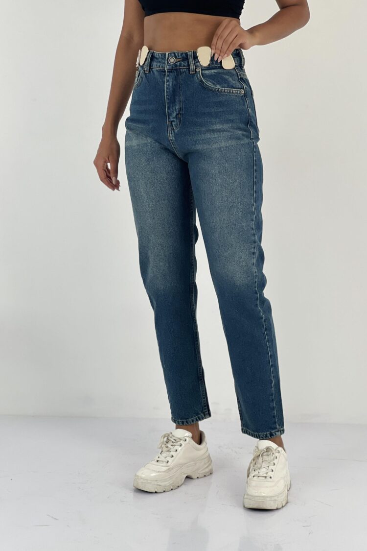 Blue Mom Jeans With High Waist And Buttoned Closure