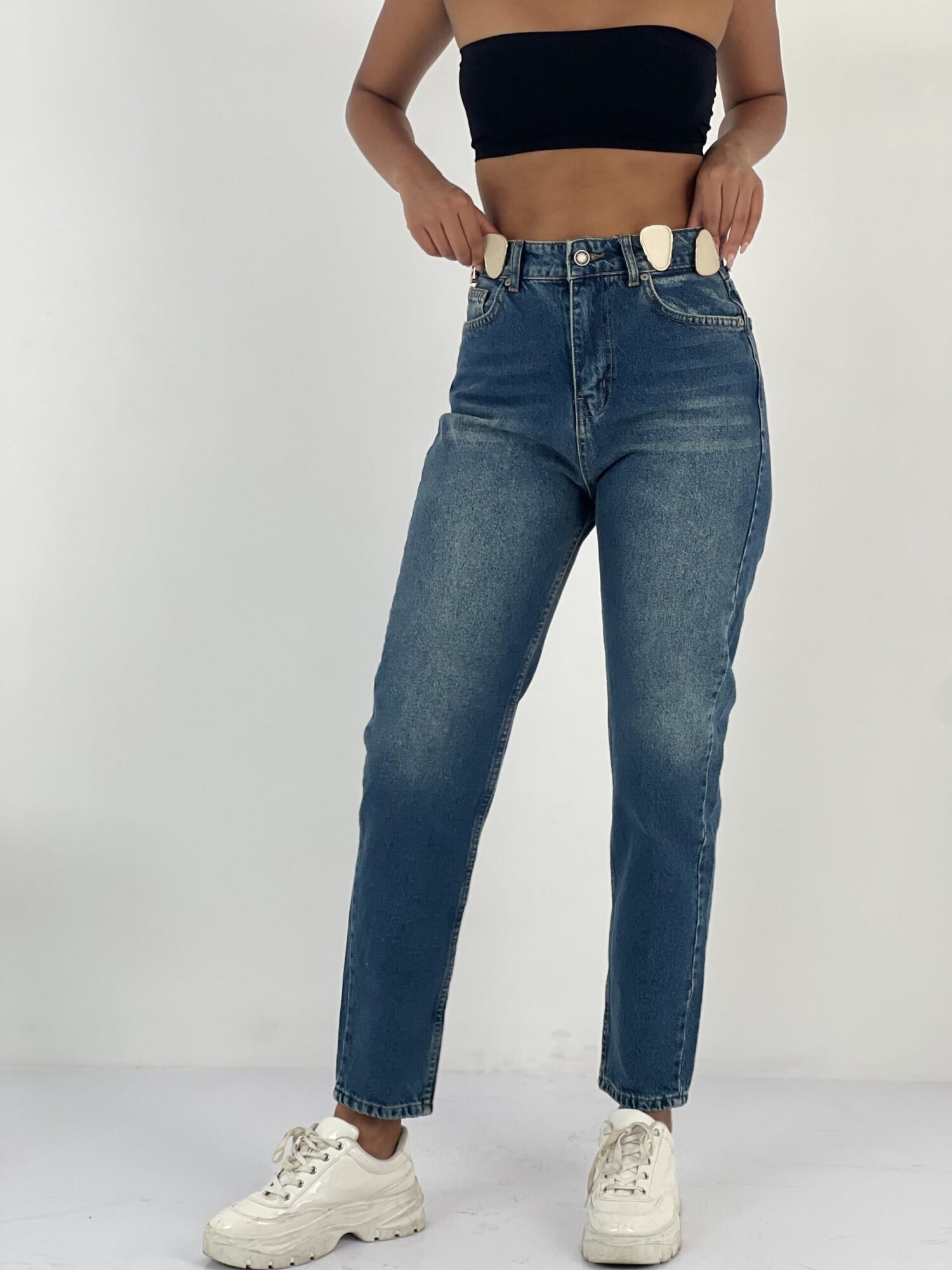 Blue Mom Jeans With High Waist And Buttoned Closure - Brand: MISS POEM - Women & Kids, Baby Clothes Wholesale - Globality Store