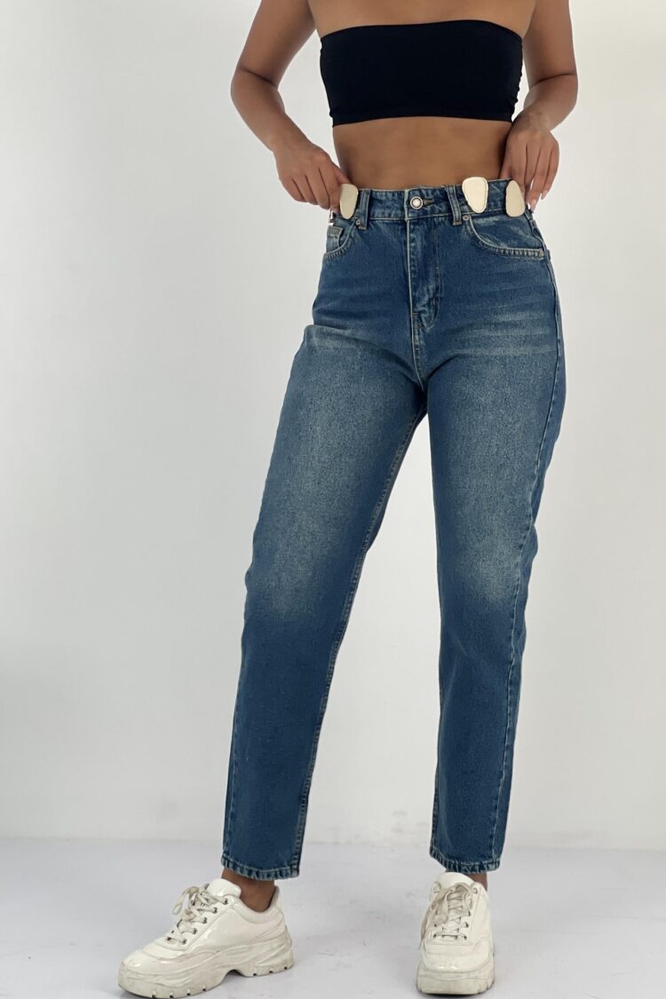 Blue Mom Jeans With High Waist And Buttoned Closure