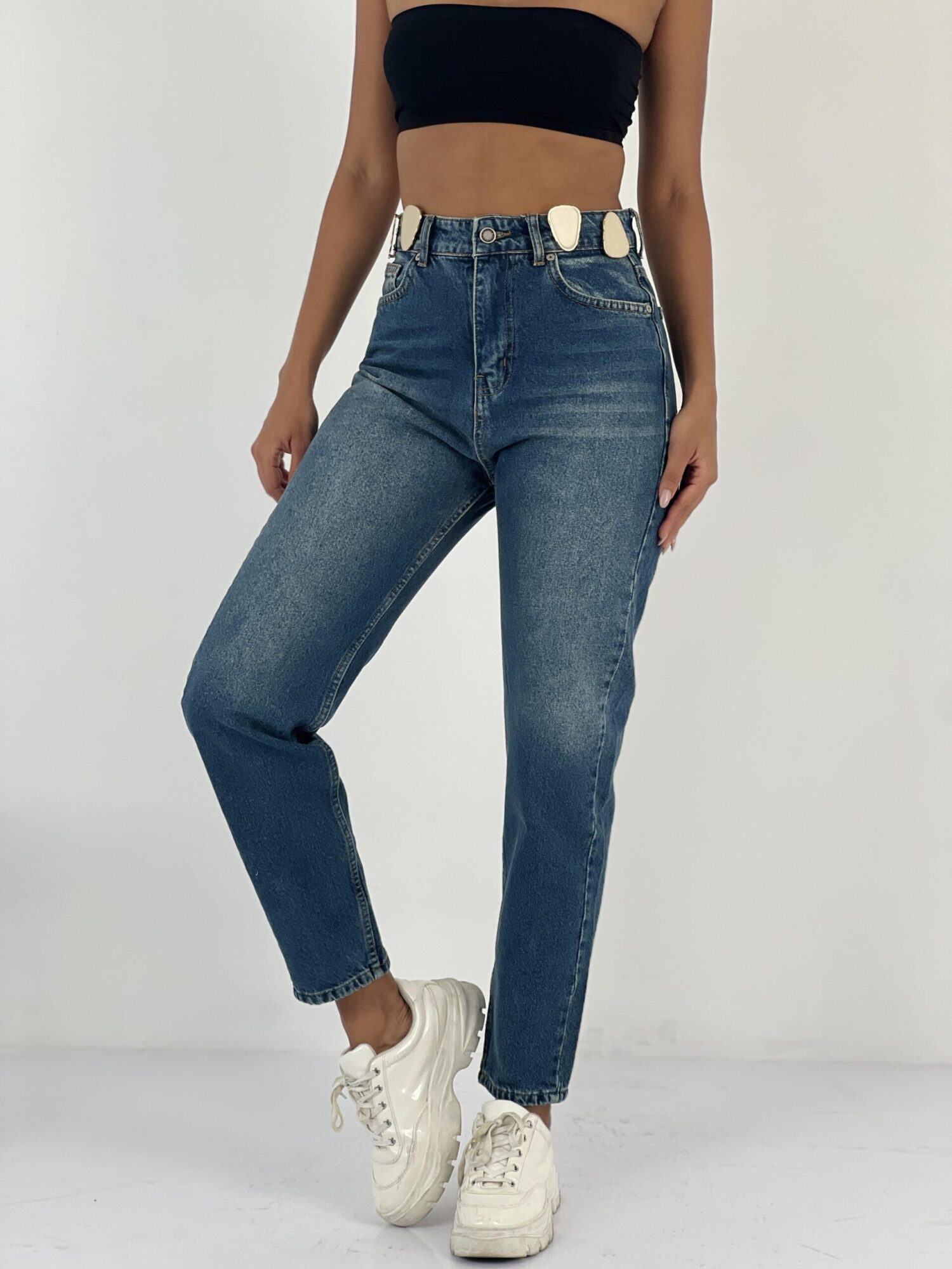 Blue Mom Jeans With High Waist And Buttoned Closure - Brand: MISS POEM - Women & Kids, Baby Clothes Wholesale - Globality Store