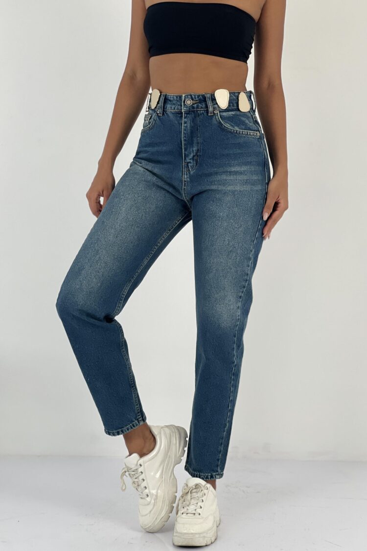 Blue Mom Jeans With High Waist And Buttoned Closure