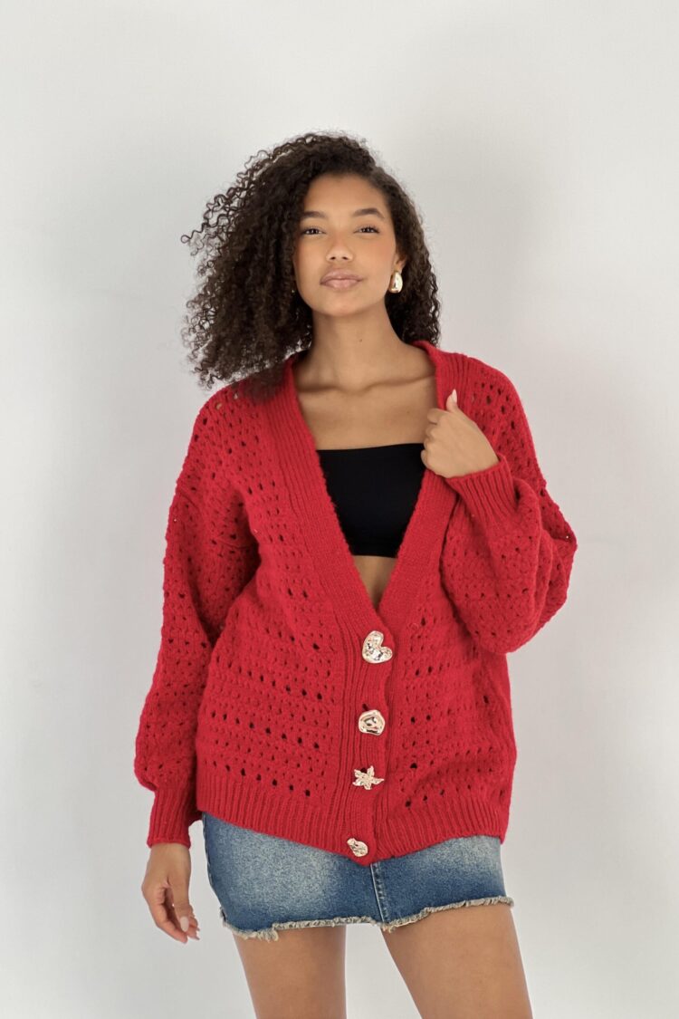 Red Cardigan Oversized Buttoned V-Neck Long Sleeve - Brand: MISS POEM - Women & Kids, Baby Clothes Wholesale - Globality Store