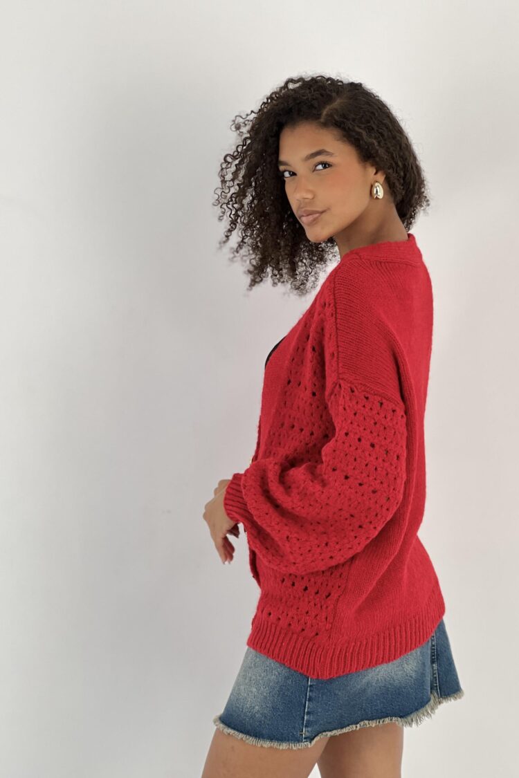 Red Cardigan Oversized Buttoned V-Neck Long Sleeve