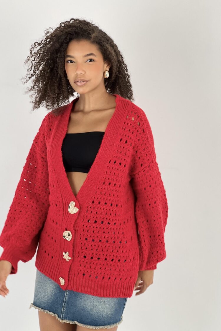 Red Cardigan Oversized Buttoned V-Neck Long Sleeve