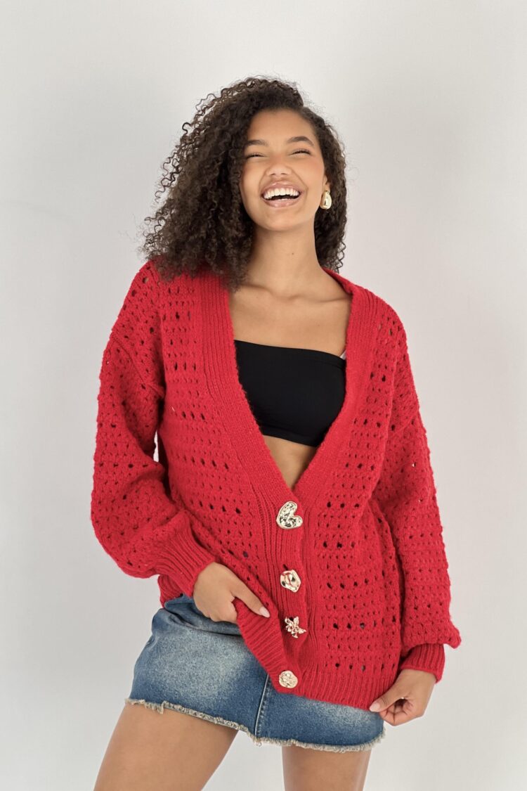Red Cardigan Oversized Buttoned V-Neck Long Sleeve