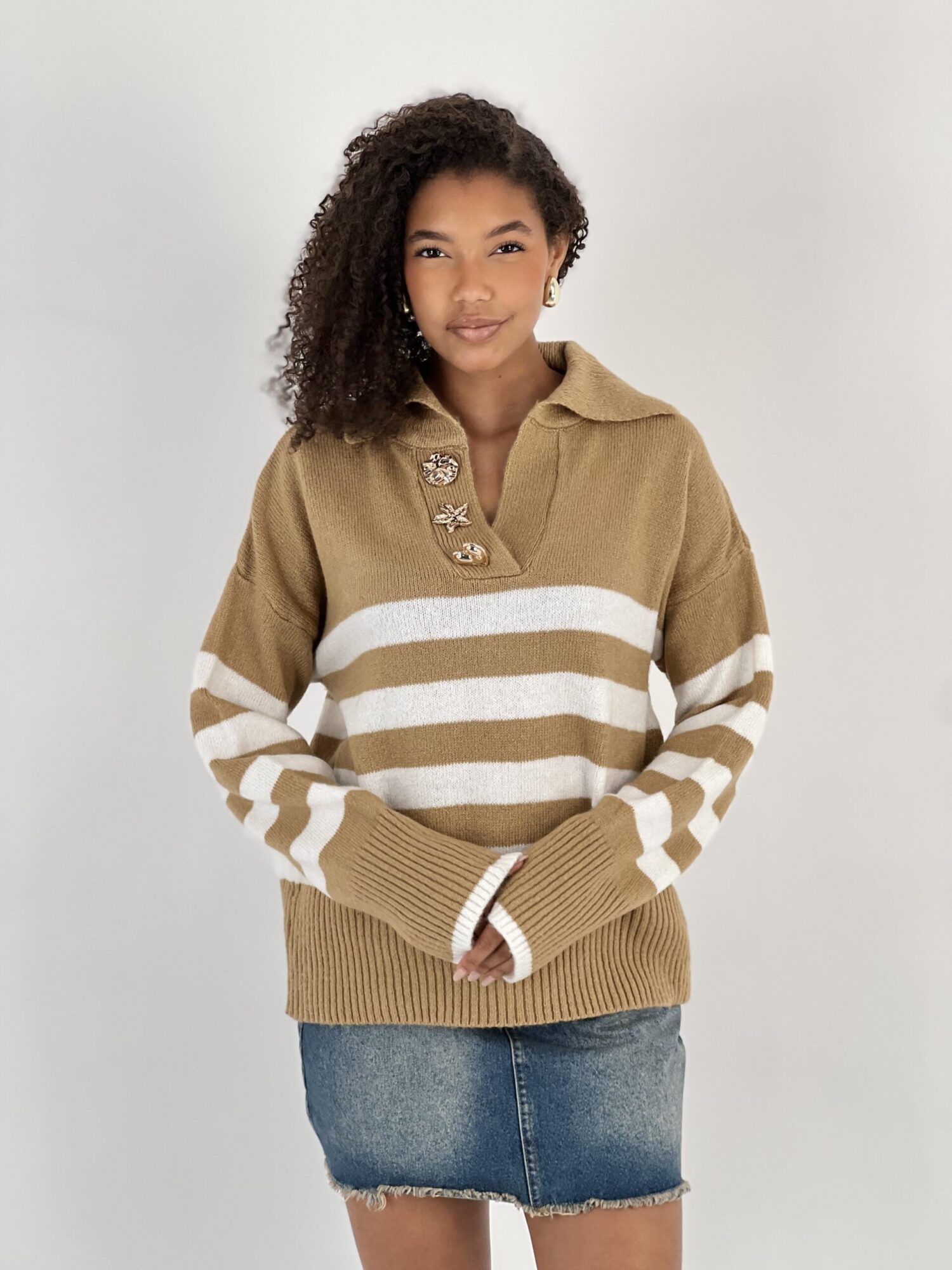 Beige Striped Sweater With Notched Neck - Brand: MISS POEM - Women & Kids, Baby Clothes Wholesale - Globality Store