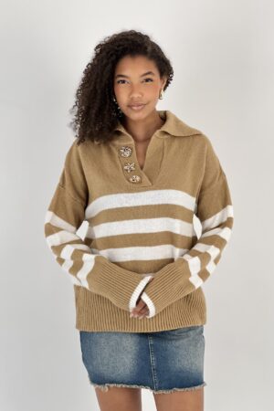 Beige Striped Sweater With Notched Neck - Brand: MISS POEM - Women & Kids, Baby Clothes Wholesale - Globality Store