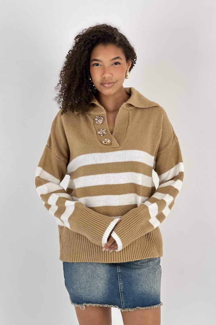 Beige Striped Sweater With Notched Neck - Brand: MISS POEM - Women & Kids, Baby Clothes Wholesale - Globality Store