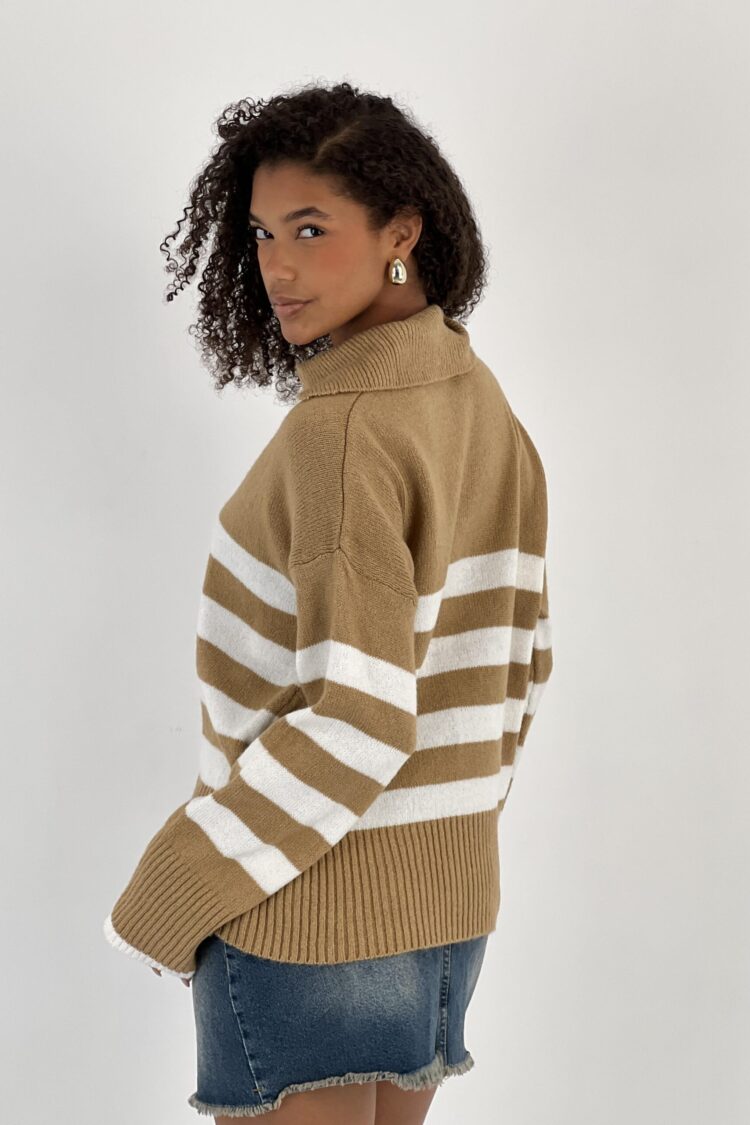 Beige Striped Sweater With Notched Neck