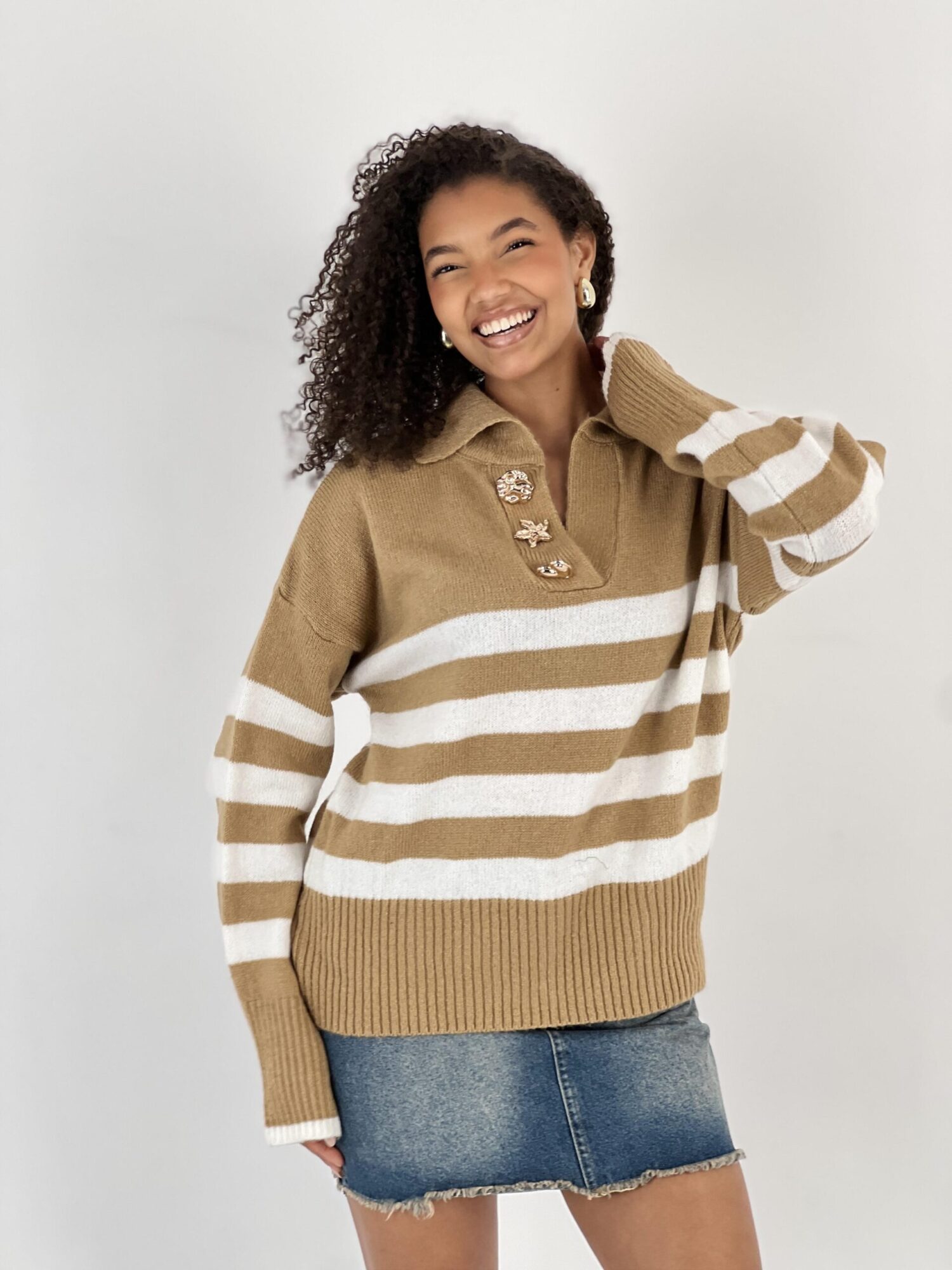 Beige Striped Sweater With Notched Neck - Brand: MISS POEM - Women & Kids, Baby Clothes Wholesale - Globality Store