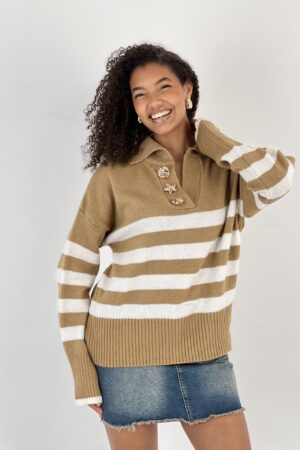 Beige Striped Sweater With Notched Neck - Brand: MISS POEM - Women & Kids, Baby Clothes Wholesale - Globality Store