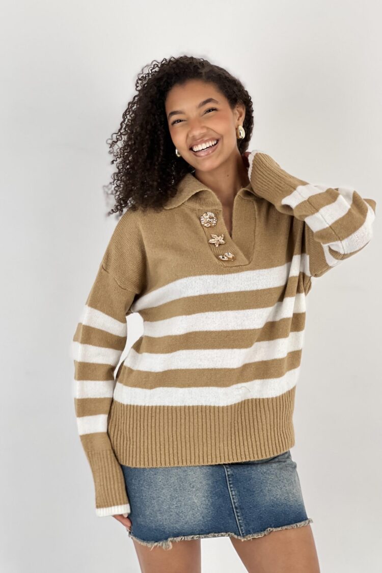 Beige Striped Sweater With Notched Neck