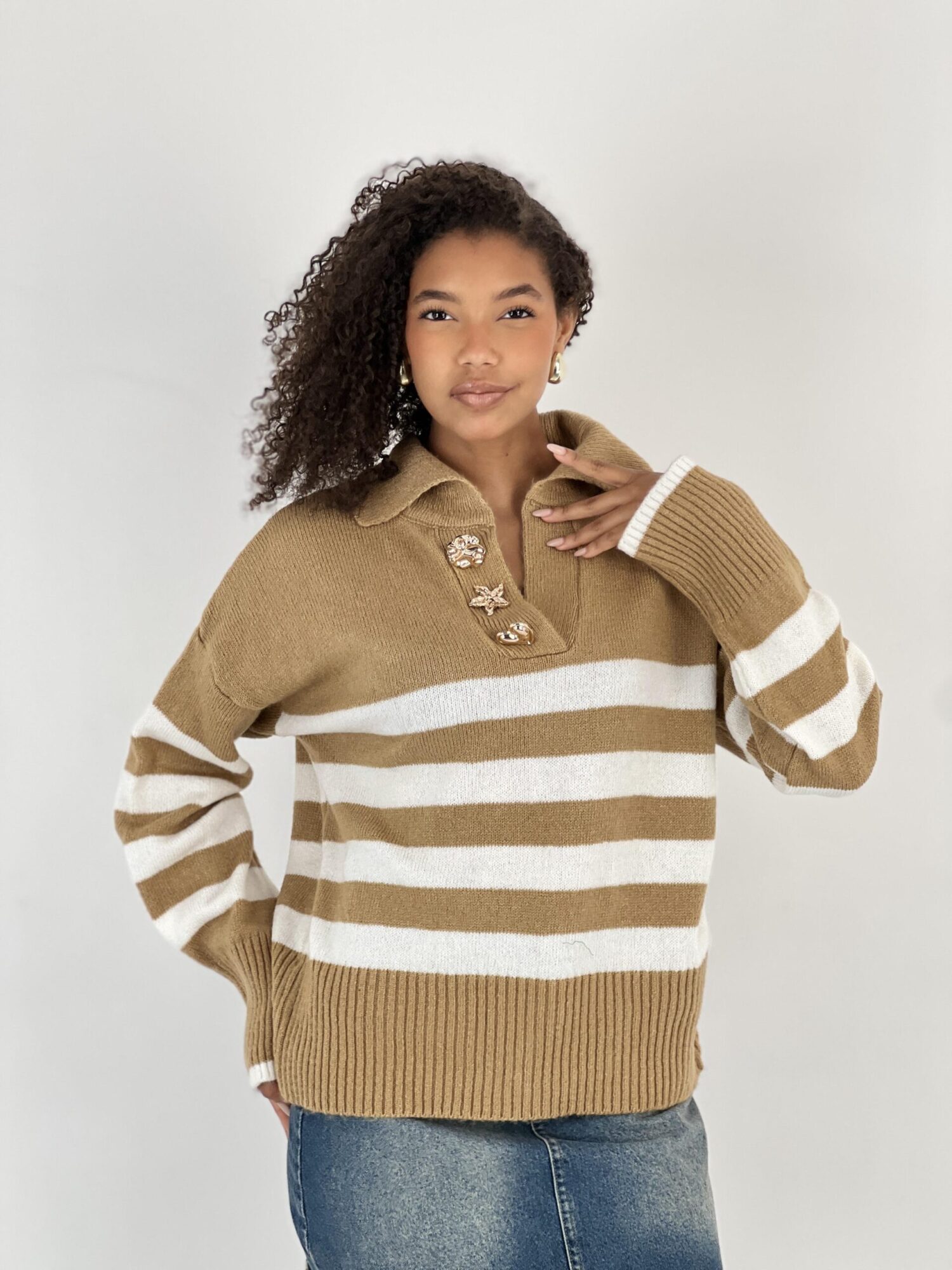 Beige Striped Sweater With Notched Neck - Brand: MISS POEM - Women & Kids, Baby Clothes Wholesale - Globality Store
