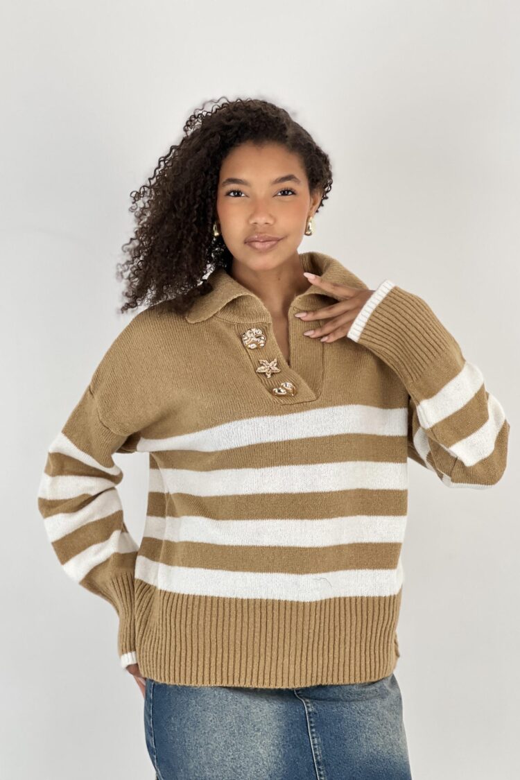 Beige Striped Sweater With Notched Neck