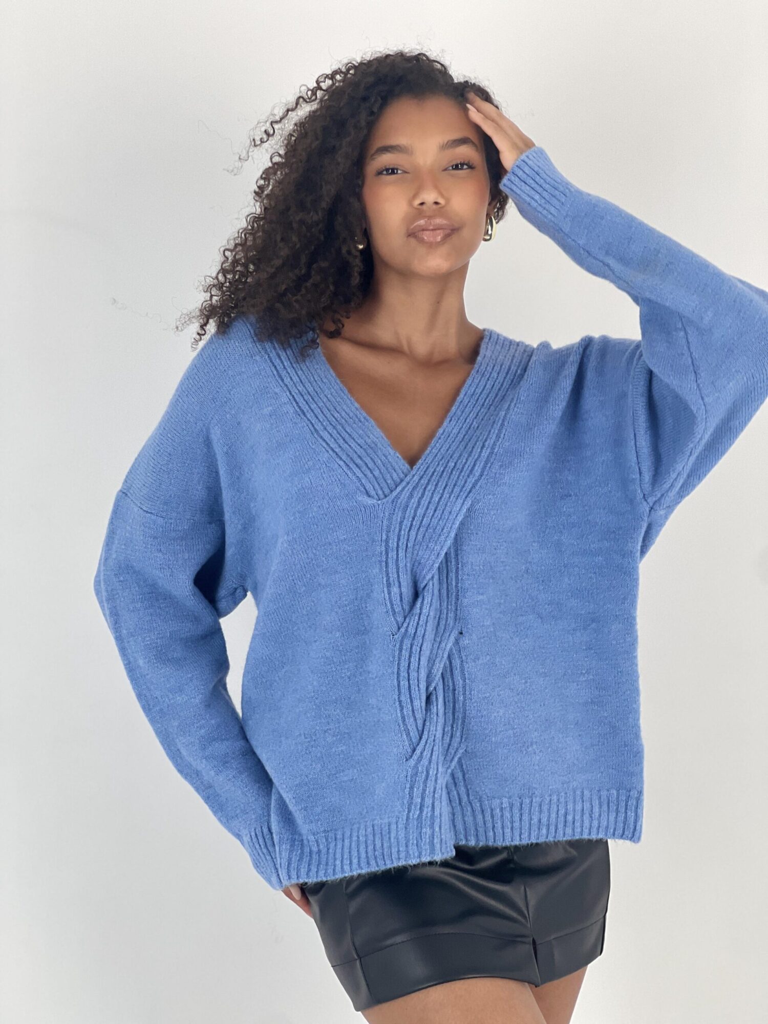 Blue Oversized V-Neck Sweater With Long Sleeves - Brand: MISS POEM - Women & Kids, Baby Clothes Wholesale - Globality Store
