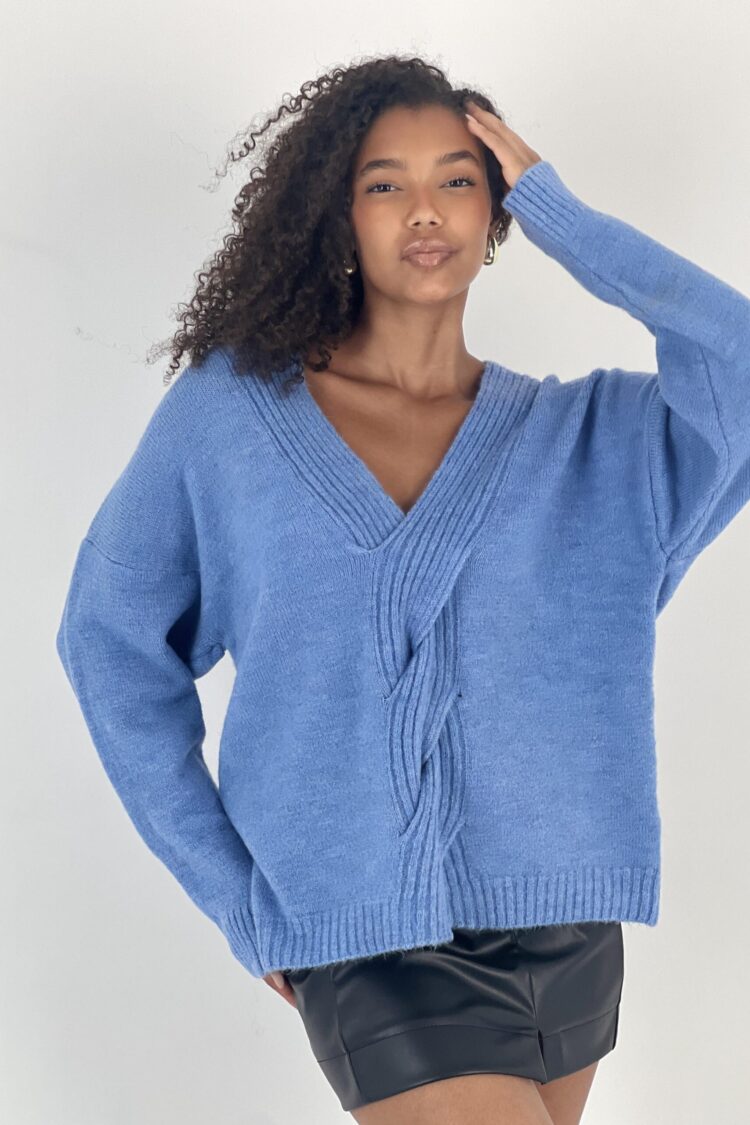 Blue Oversized V-Neck Sweater With Long Sleeves - Brand: MISS POEM - Women & Kids, Baby Clothes Wholesale - Globality Store