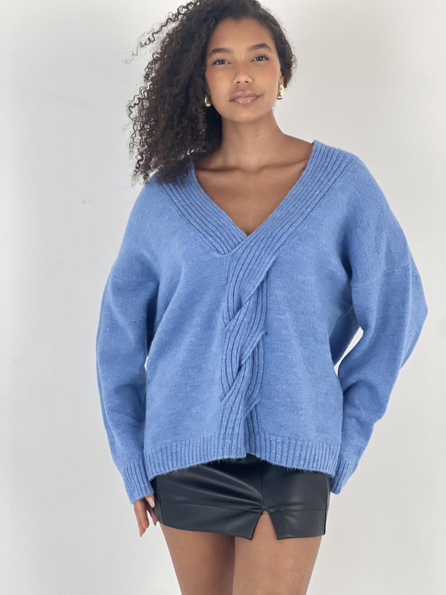 Blue Oversized V-Neck Sweater With Long Sleeves - Brand: MISS POEM - Women & Kids, Baby Clothes Wholesale - Globality Store
