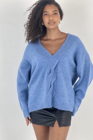 Blue Oversized V-Neck Sweater With Long Sleeves - Brand: MISS POEM - Women & Kids, Baby Clothes Wholesale - Globality Store