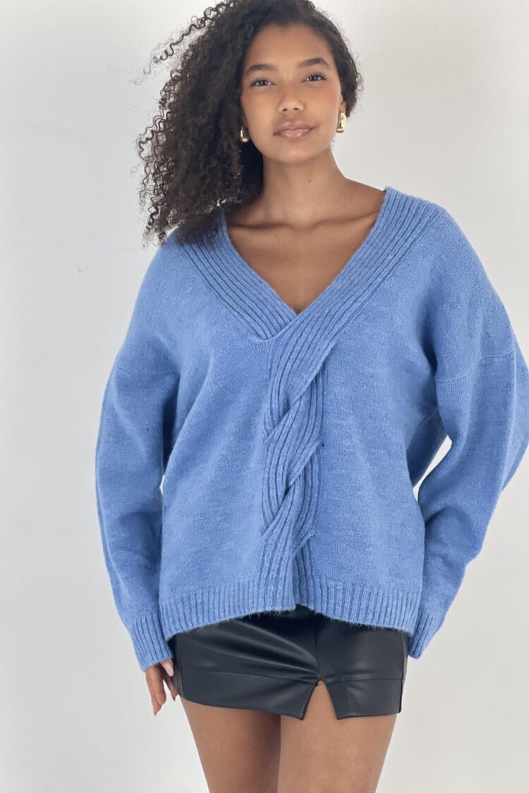 Blue Oversized V-Neck Sweater With Long Sleeves