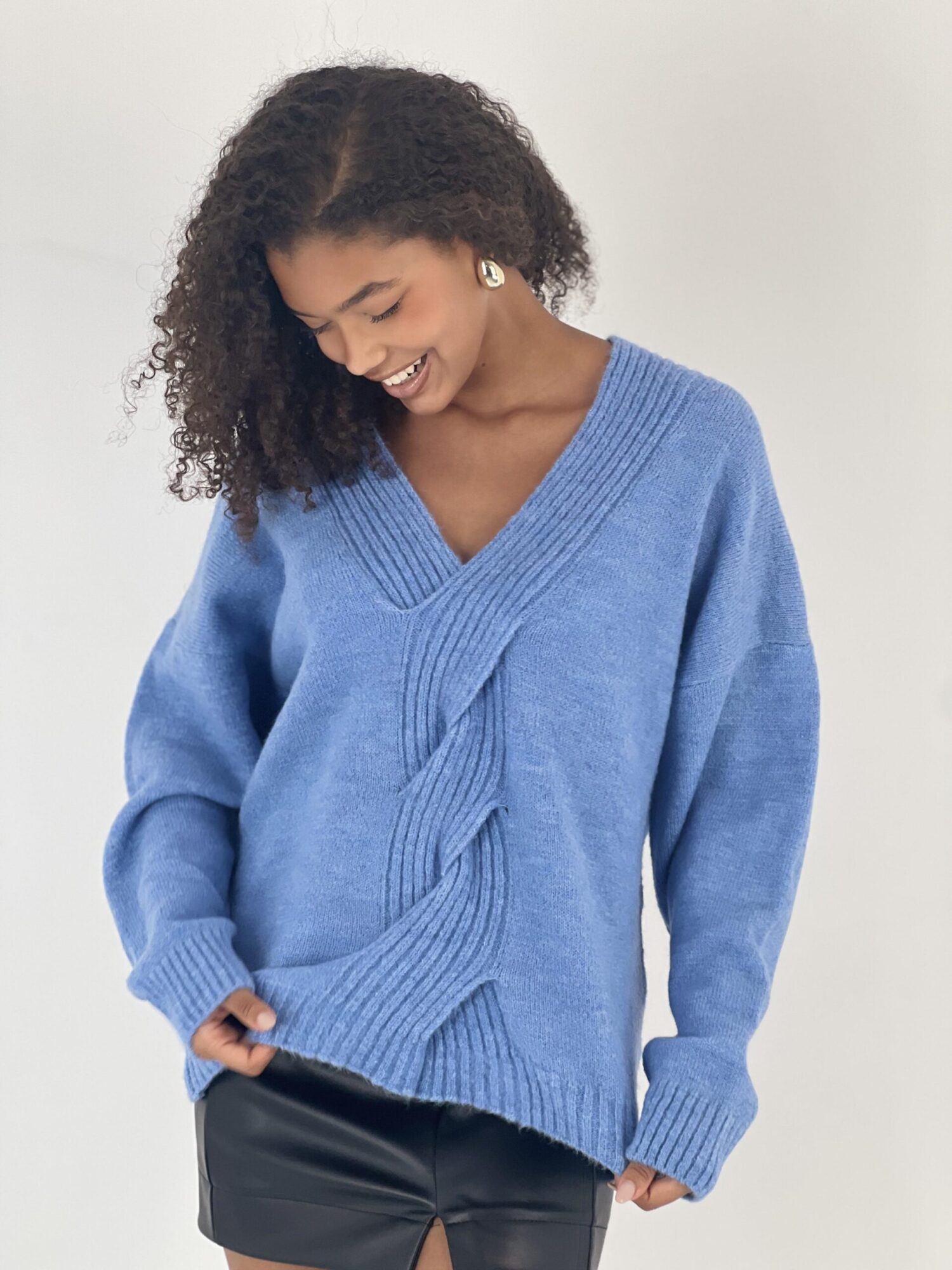 Blue Oversized V-Neck Sweater With Long Sleeves - Brand: MISS POEM - Women & Kids, Baby Clothes Wholesale - Globality Store