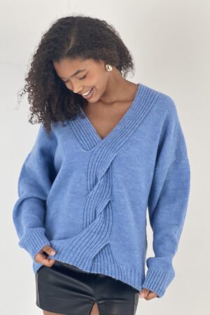 Blue Oversized V-Neck Sweater With Long Sleeves - Brand: MISS POEM - Women & Kids, Baby Clothes Wholesale - Globality Store