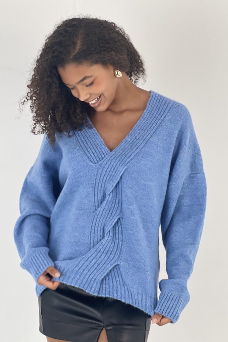Blue Oversized V-Neck Sweater With Long Sleeves