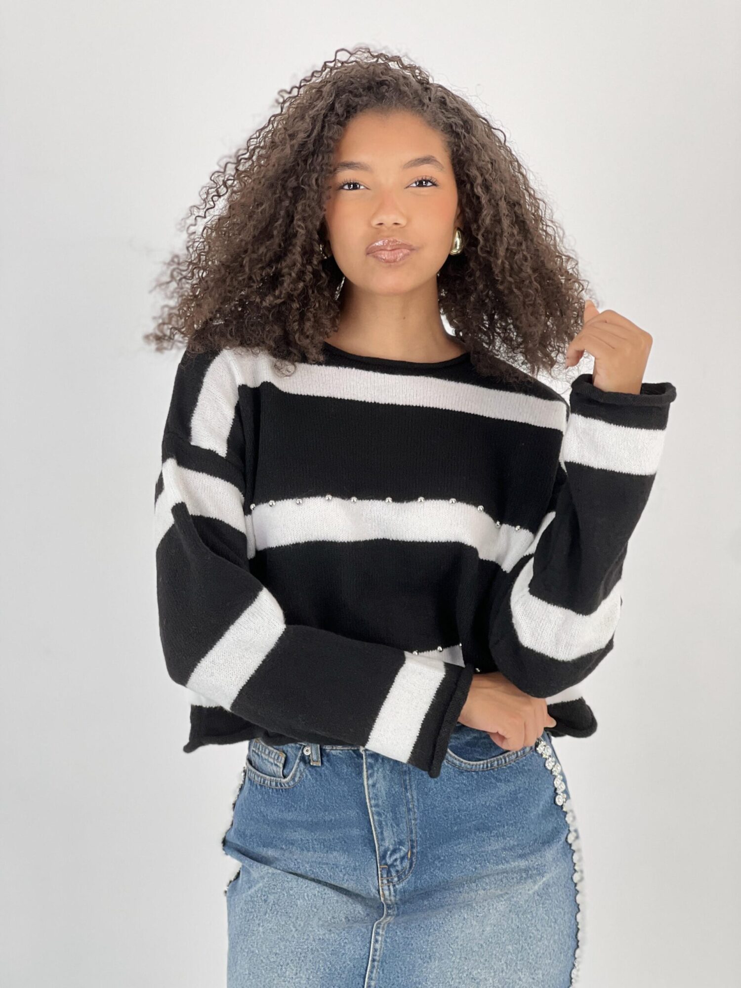 Black Oversized Fit Striped Casual Sweater - Brand: MISS POEM - Women & Kids, Baby Clothes Wholesale - Globality Store