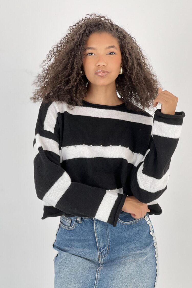 Black Oversized Fit Striped Casual Sweater - Brand: MISS POEM - Women & Kids, Baby Clothes Wholesale - Globality Store