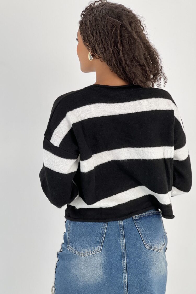 Black Oversized Fit Striped Casual Sweater
