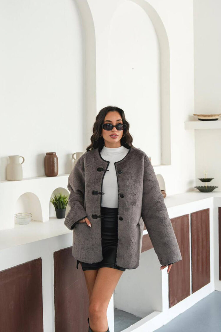 Grey Teddy Coat With Oversized Fit And Buttoned Closure
