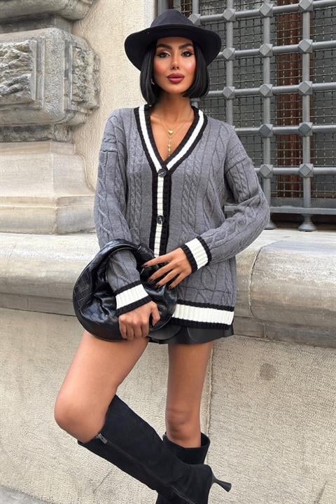 Oversized Fit V-Neck Cardigan With Patch Pockets