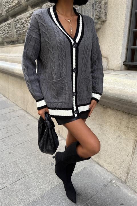 Oversized Fit V-Neck Cardigan With Patch Pockets